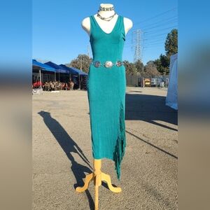 Teal Sleeveless Midi Dress with Fringe